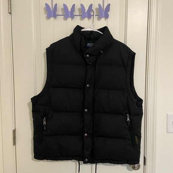 Vintage POLO Ralph Lauren women’s‎ black leather zip button puffer down vest XL - Picture 1 of 9